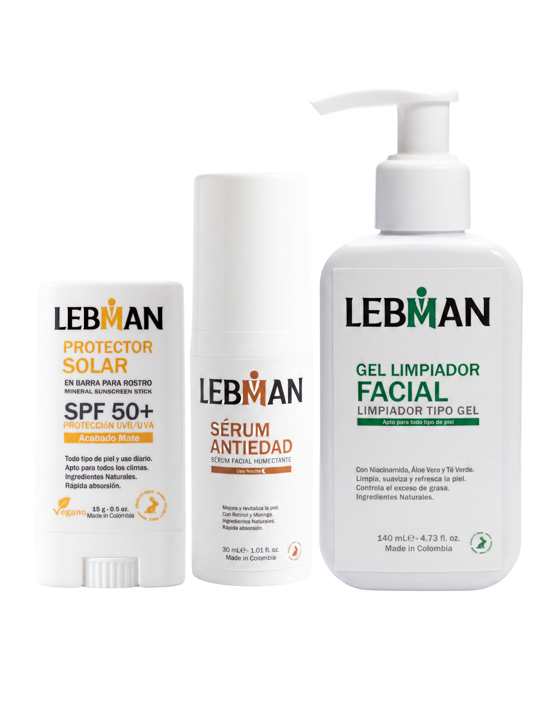 COMBO 3 (Gel Limpiador Facial, Serúm Antiedad, Protector Solar).