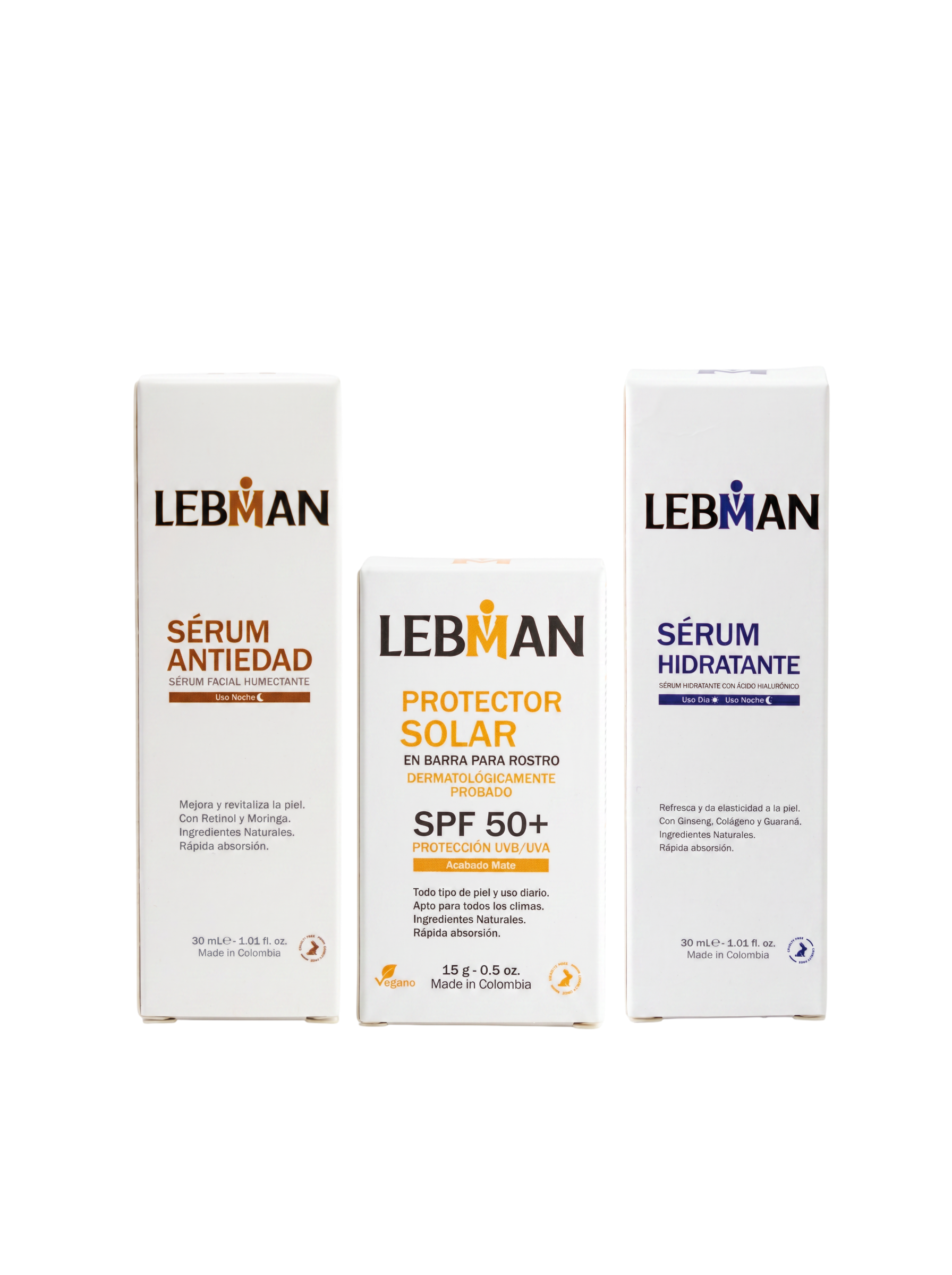 COMBO 4 (Serúm Hidratante, Serúm Antiedad, Protector Solar).