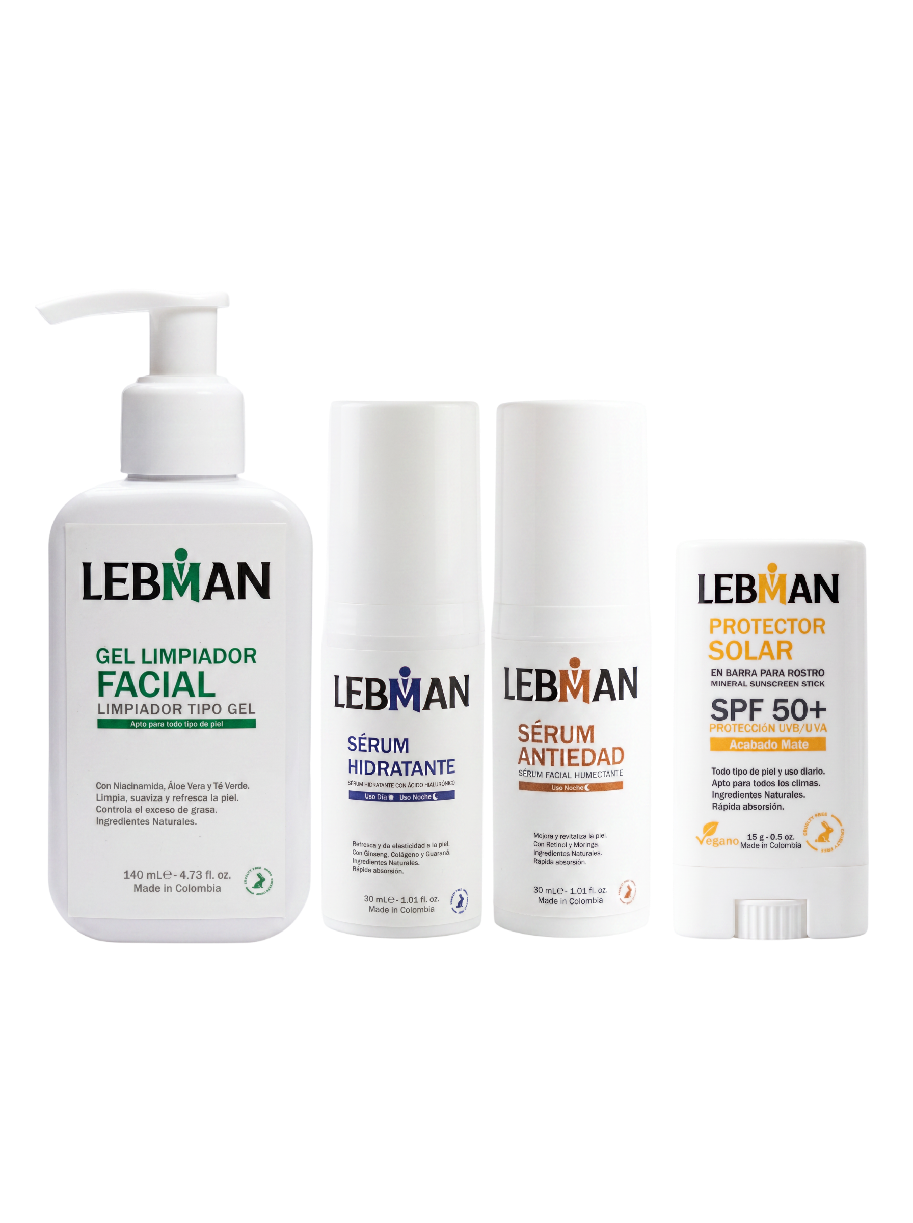 COMBO 5 (Gel Limpiador Facial, Serúm Hidratante, Serúm Antiedad, Protector Solar)