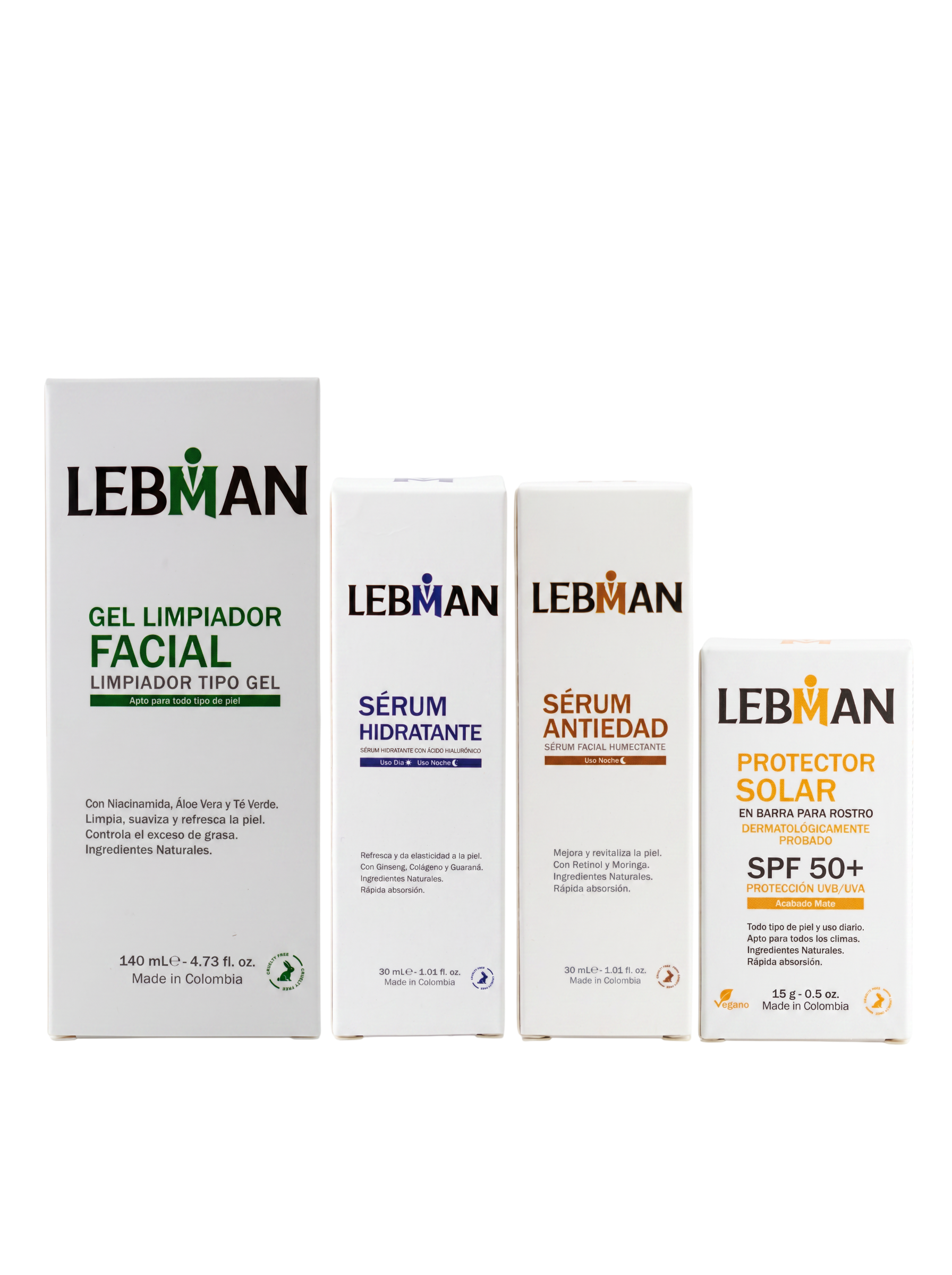 COMBO 5 (Gel Limpiador Facial, Serúm Hidratante, Serúm Antiedad, Protector Solar)